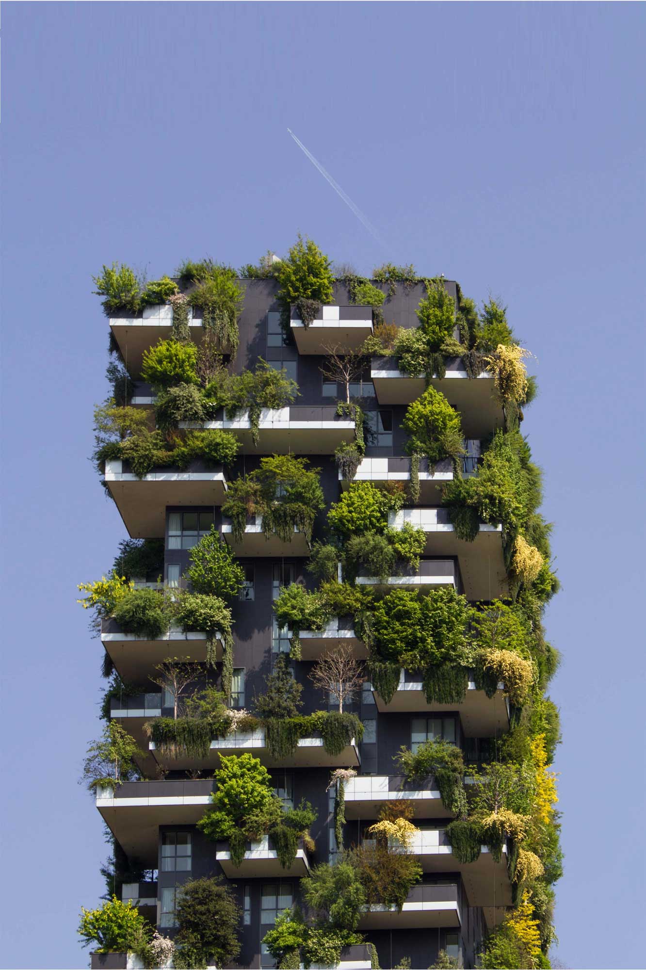 A skyscraper top ten floors on the sky background. The building embeds growing at each floor green trees and bushes